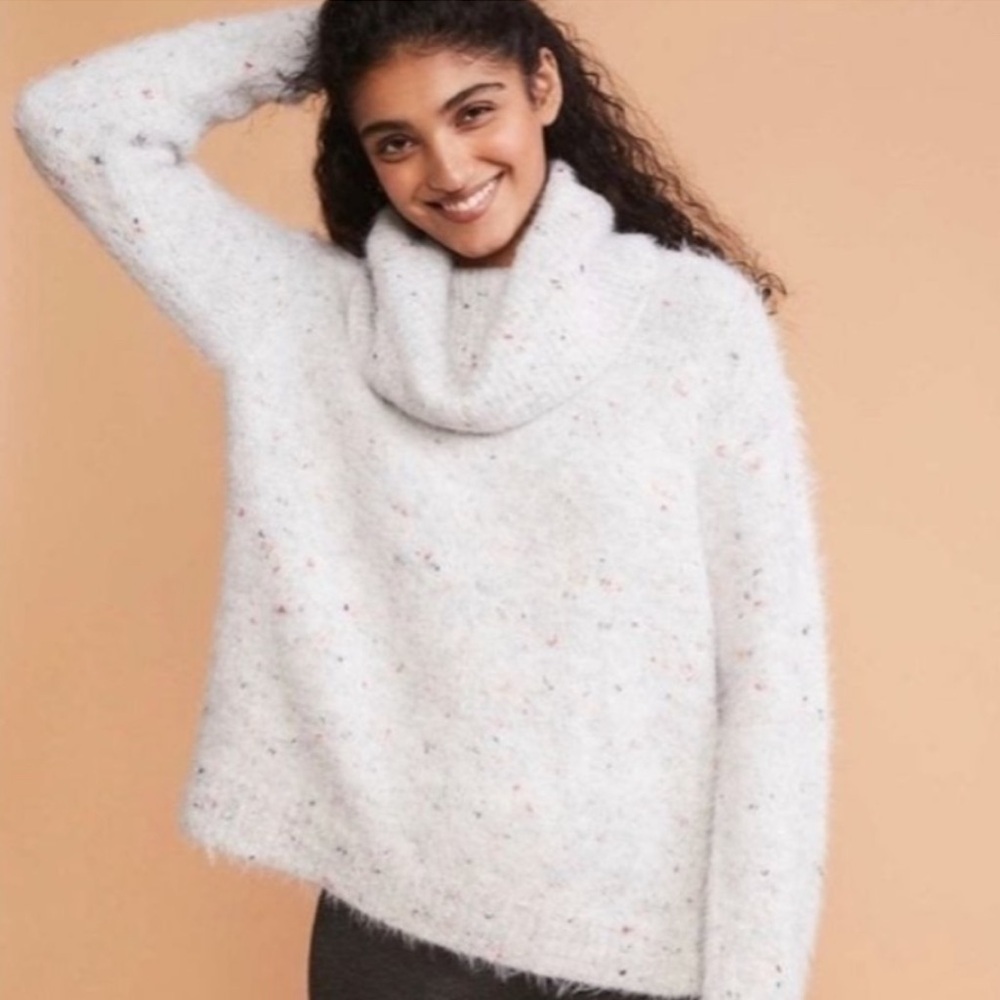 Lou & Grey Light Gray & Speckled Confetti Cowl Neck Long Sleeve Sweater